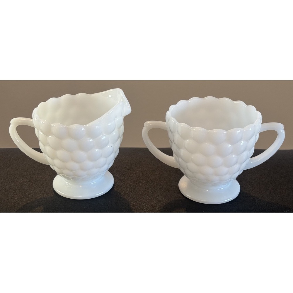 Vintage Anchor Hocking Milk Glass Bubble Sugar Bowl & Creamer Set